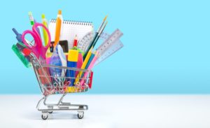 Stationery in shopping trolley